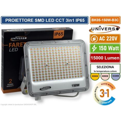 UNIVERSO BK05-150W-B3C FARO PROIETTORE SMD LED FLOODLIGHT 150W SLIM IP65 COLORE BIANCO CCT 3in1 COLORE LUCE SELEZIONABILE