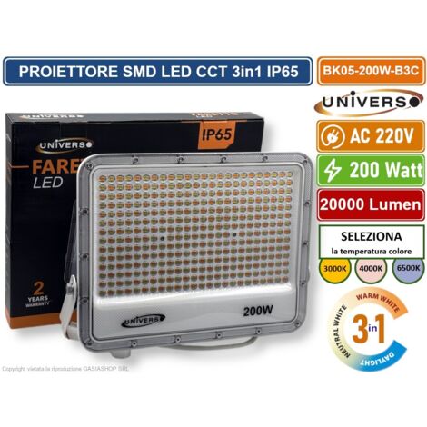 UNIVERSO BK05-200W-B3C FARO PROIETTORE SMD LED FLOODLIGHT 200W SLIM IP65 COLORE BIANCO CCT 3in1 COLORE LUCE SELEZIONABILE
