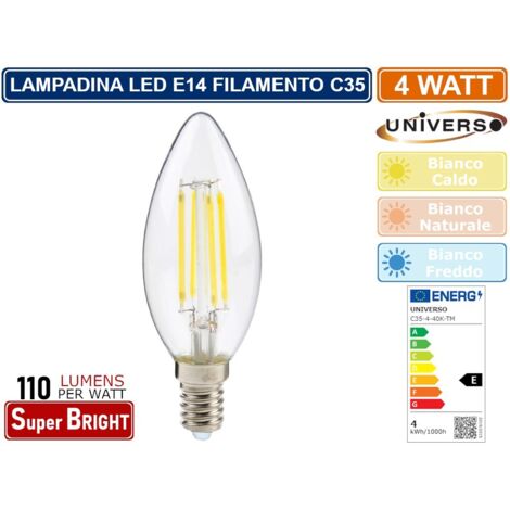UNIVERSO C35-T LAMPADINA LED E14 4W CANDELA C35 FILAMENT VETRO TRASPARENTE 3000K 4000K 6500K - Colore Luce:Bianco Naturale