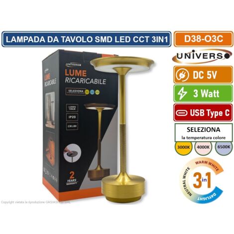 UNIVERSO D38-O3C LAMPADA DA TAVOLO 3W PORTABILE CON RICARICA USB CCT SELEZIONE COLORE LUCE