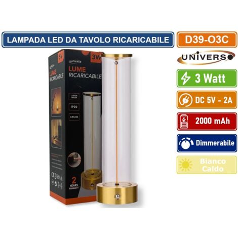 UNIVERSO D39-O3C LAMPADA DA TAVOLO LED RICARICABILE 3W CON FILO LUMINOSO MAGNETICO TOUCH – LUCE CALDA 2200K DECORATIVA PER BAR RISTORANTI