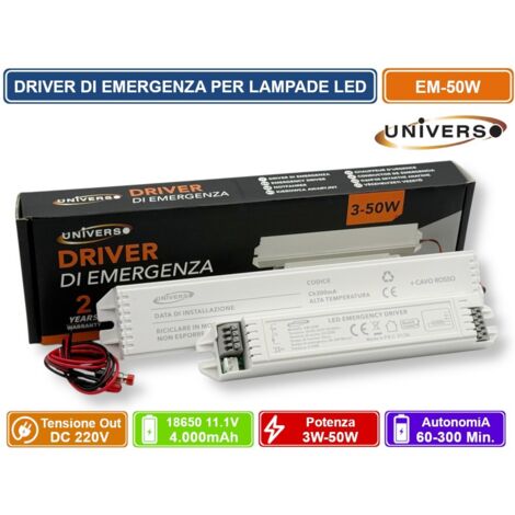 UNIVERSO EM-50W DRIVER DI EMERGENZA PER LAMPADE LED DA 3W A 50W AUTONOMIA FINO A 300 MINUTI USCITA DC 220V