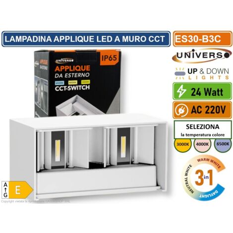 UNIVERSO ES30-B3C LAMPADA APPLIQUE LED DA MURO BIANCA 24W DOPPIO FASCIO LUMINOSO REGOLABILE CON SWITCH CCT PER SELEZIONE LUCE 3000K/4000K/6500K IP65