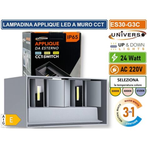 UNIVERSO ES30-G3C LAMPADA APPLIQUE LED DA MURO GRIGIA 24W DOPPIO FASCIO LUMINOSO REGOLABILE CON SWITCH CCT PER SELEZIONE LUCE 3000K/4000K/6500K IP65