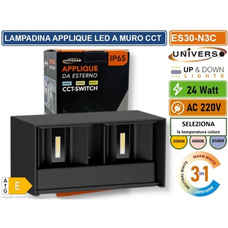 UNIVERSO ES30-N3C LAMPADA APPLIQUE LED DA MURO NERA 24W DOPPIO FASCIO LUMINOSO REGOLABILE CON SWITCH CCT PER SELEZIONE LUCE 3000K/4000K/6500K IP65