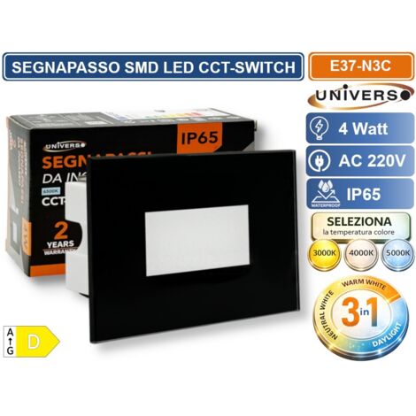 UNIVERSO ES37-N3C SEGNAPASSO SMD LED RETTANGOLARE IN VETRO MONTAGGIO A INCASSO 503E 4W CCT SWITCH CAMBIA COLORE LUCE  IP65