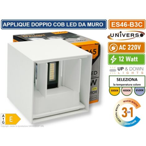 UNIVERSO ES46-B3C APPLIQUE LAMPADA DA MURO DOPPIO LED COB 12W FASCIO REGOLABILE CON SWITCH CCT PER SELEZIONE LUCE 3000K/4000K/6500K IP65