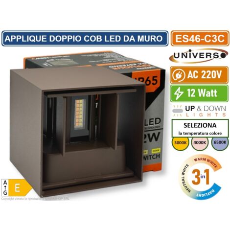 UNIVERSO ES46-C3C APPLIQUE LAMPADA DA MURO DOPPIO LED COB 12W FASCIO REGOLABILE CON SWITCH CCT PER SELEZIONE LUCE 3000K/4000K/6500K IP65