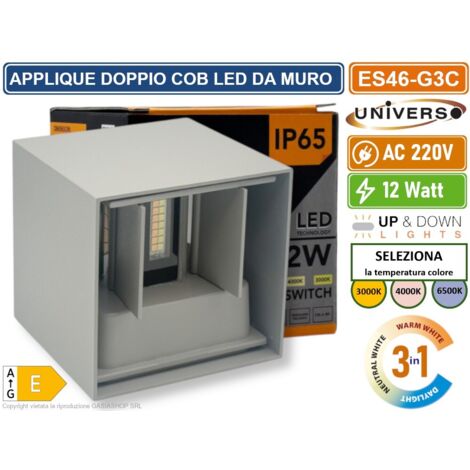 UNIVERSO ES46-G3C APPLIQUE LAMPADA DA MURO DOPPIO LED COB 12W FASCIO REGOLABILE CON SWITCH CCT PER SELEZIONE LUCE 3000K/4000K/6500K IP65