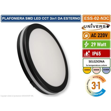 UNIVERSO ESS-02-N3C PLAFONIERA CIRCOLARE SMD LED 29W DA ESTERNO IP65 CCT SWITCH CAMBIA COLORE LUCE 3000K - 4000K - 6500K