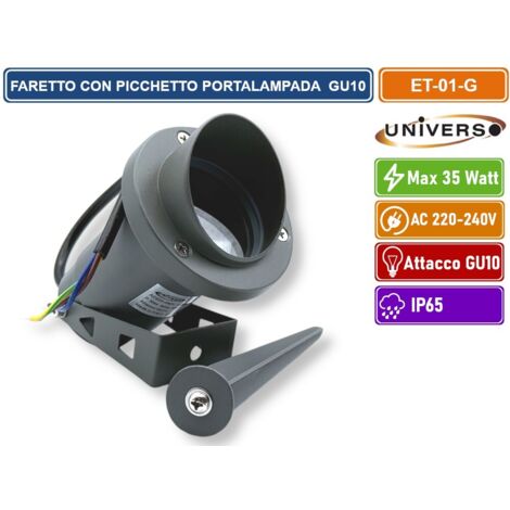 UNIVERSO ET-01-G PORTAFARETTO DA GIARDINO CON PORTALAMPADA PER LAMPADINE GU10 PICCHETTO DA INTERRAMENTO IN ALLUMINIO GRIGIO
