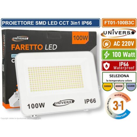 UNIVERSO FT01-100B3C FARO PROIETTORE SMD LED ULTRA SLIM 100W CCT SWITCH TEMPERATURA COLORE SELEZIONABILE IP66