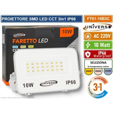 UNIVERSO FT01-10B3C FARO PROIETTORE SMD LED ULTRA SLIM 10W CCT SWITCH TEMPERATURA COLORE SELEZIONABILE IP66