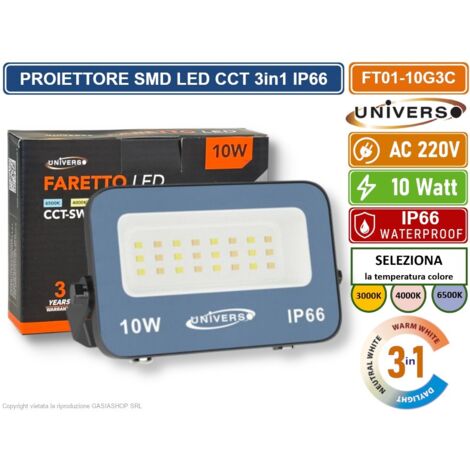 UNIVERSO FT01-10G3C FARO PROIETTORE SMD LED ULTRA SLIM 10W CCT SWITCH TEMPERATURA COLORE SELEZIONABILE IP66