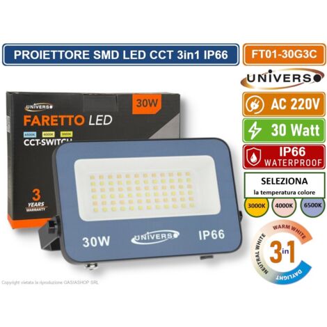 UNIVERSO FT01-30G3C FARO PROIETTORE SMD LED ULTRA SLIM 30W CCT SWITCH TEMPERATURA COLORE SELEZIONABILE IP66