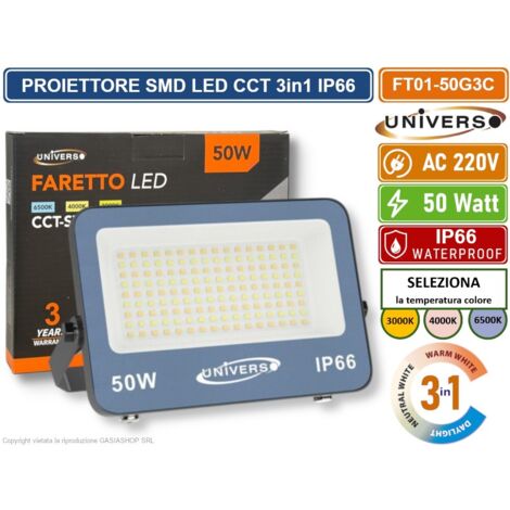 UNIVERSO FT01-50G3C FARO PROIETTORE SMD LED ULTRA SLIM 50W CCT SWITCH TEMPERATURA COLORE SELEZIONABILE IP66