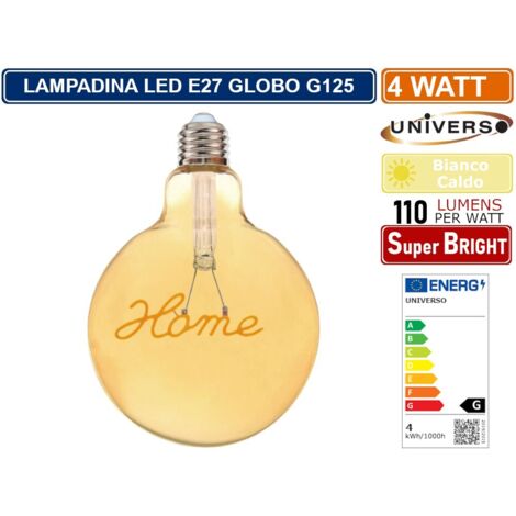 UNIVERSO G125-HOME LAMPADINA E27 FILAMENTO LED SCRITTA HOME 4W GLOBO G125 VETRO AMBRATO 2500K
