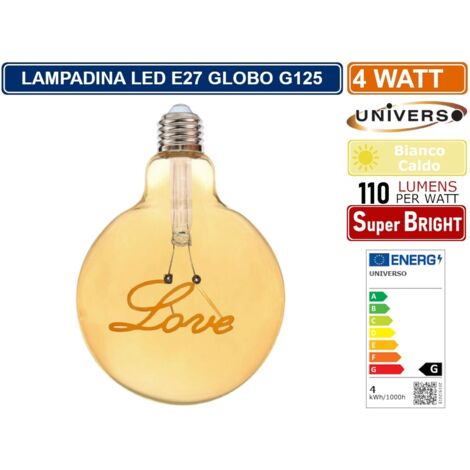 UNIVERSO G125-LOVE LAMPADINA E27 FILAMENTO LED SCRITTA LOVE 4W GLOBO G125 VETRO AMBRATO 2500K