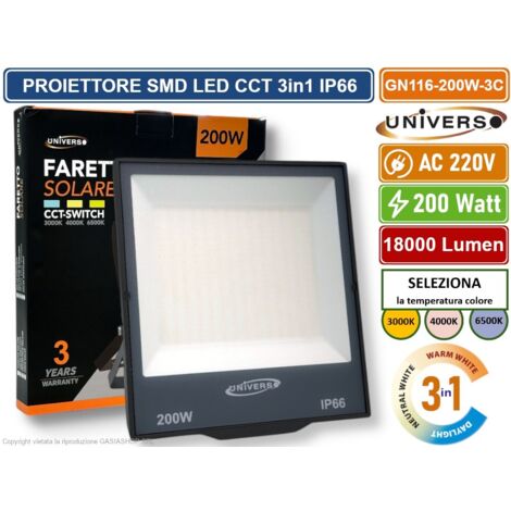 UNIVERSO GN116-200W-3C FARO PROIETTORE SMD LED FLOODLIGHT 200W SLIM IP66 COLORE GRIGIO CCT 3in1 COLORE LUCE SELEZIONABILE