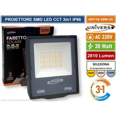 UNIVERSO GN116-30W-3C FARO PROIETTORE SMD LED FLOODLIGHT 30W SLIM IP66 COLORE GRIGIO CCT 3in1 COLORE LUCE SELEZIONABILE