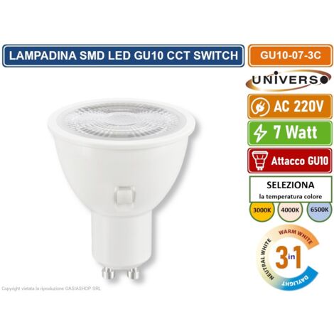 UNIVERSO GU10-07-3C LAMPADINA FARETTO LED 7W 510 LUMEN ATTACCO GU10 CON SWITCH CCT PER SELEZIONE LUCE 3000K/4000K/6500K