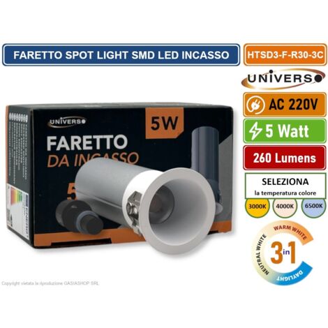 UNIVERSO HTSD3-F-R30-3C FARO FARETTO LED PUNTO LUCE SPOT LIGHT ROTONDO COLORE BIANCO ARGENTO DA INCASSO 5W CCT SWITCH IP20