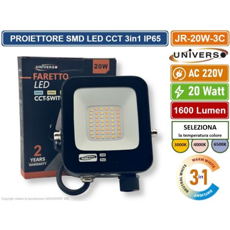 UNIVERSO JR-20W-3C FARO PROIETTORE SMD LED FLOODLIGHT 20W SLIM IP65 COLORE NERO CCT 3in1 COLORE LUCE SELEZIONABILE