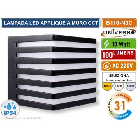 UNIVERSO LAMPADA APPLIQUE SMD LED DA MURO WALL LIGHT 10W QUADRATA IP54 COLORE NERO CCT 3 IN 1 CAMBIA COLORE LUCE