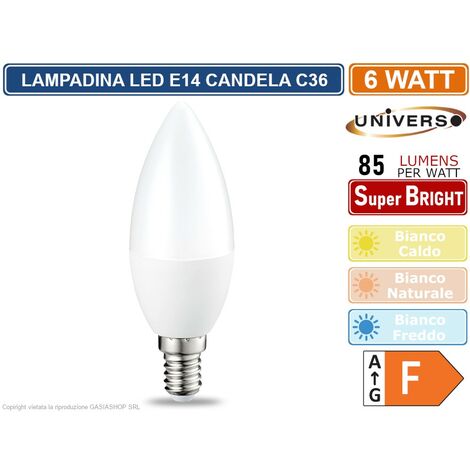 UNIVERSO LAMPADINA LED CANDELA C36 ATTACCO E14 POTENZA 6W - 510 LUMEN - 3000K 4000K 6500K - Colore Luce: Bianco Caldo