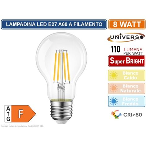 UNIVERSO LAMPADINA LED E27 8W BULB A60 FILAMENTO 360° 880 LUMEN 2700K 4000K 6500K - Colore Luce:Bianco Caldo