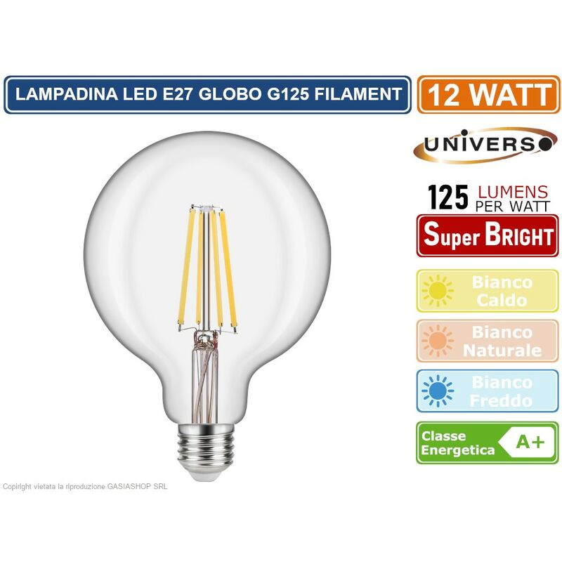 Image of Lampadina led filamento E27 12W globo G125 1500 lumen - Colore Luce: Bianco Freddo - Universo