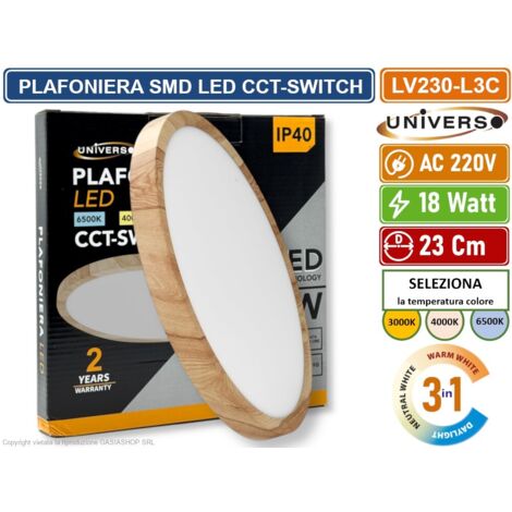 UNIVERSO LV-230-L3C PLAFONIERA ULTRA SLIM ROTONDA EFFETTO LEGNO SMD LED 18W  Ø23CM IP40 CCT 3 IN 1 CAMBIA COLORE LUCE