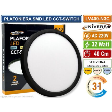 UNIVERSO LV-400-N3C PLAFONIERA ULTRA SLIM ROTONDA NERA SMD LED 32W  Ø40CM IP40 CCT 3 IN 1 CAMBIA COLORE LUCE