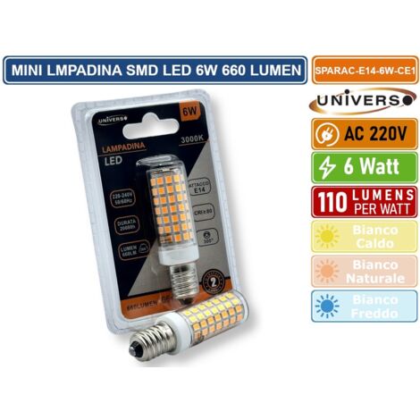 UNIVERSO MINI LAMPADINA CORN LED SMD 2835 E14 6W WATT 660 LUMEN 3000K - 4000K - 6000K - Colore Luce:Bianco Caldo