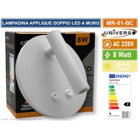 UNIVERSO MR-01-BC LAMPADA APPLIQUE LED DA PARETE DOPPIA SORGENTE LUMINOSA CRIENTABILE CON INTERRUTTORI COLORE BIANCO LUCE CALDA 3000K