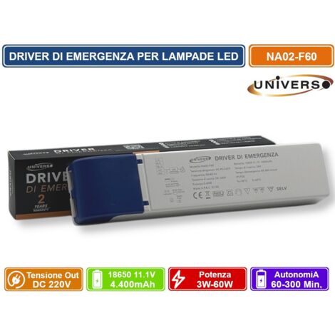 UNIVERSO NA02-F60 DRIVER DI EMERGENZA PER LAMPADE LED DA 3W A 60W AUTONOMIA FINO A 300 MINUTI USCITA DC 220V