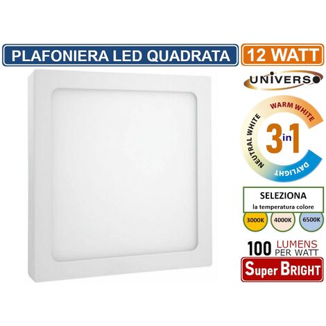 UNIVERSO PLAFONIERA LED QUADRATA 12W SMD IP20 BIANCA COLORE LUCE 3 IN 1 SELEZIONABILE CCT