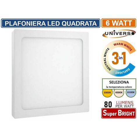 UNIVERSO PLAFONIERA LED QUADRATA 6W SMD IP20 BIANCA COLORE LUCE 3 IN 1 SELEZIONABILE CCT