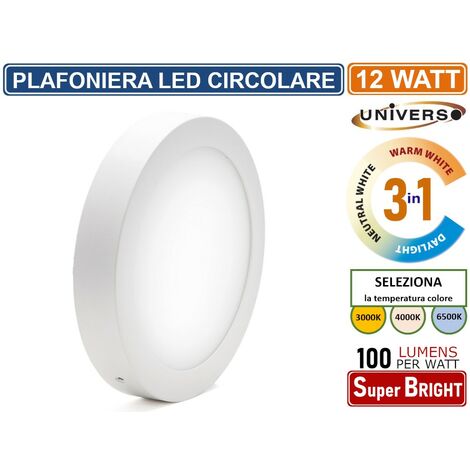 UNIVERSO PLAFONIERA LED ROTONDA CIRCOLARE 12W SMD IP20 BIANCA COLORE LUCE 3 IN 1 SELEZIONABILE CCT