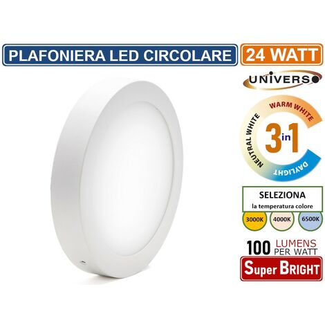 UNIVERSO PLAFONIERA LED ROTONDA CIRCOLARE 24W SMD IP20 BIANCA COLORE LUCE 3 IN 1 SELEZIONABILE CCT