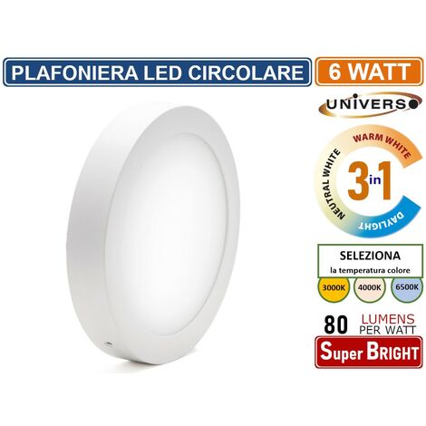 UNIVERSO PLAFONIERA LED ROTONDA CIRCOLARE 6W SMD IP20 BIANCA COLORE LUCE 3 IN 1 SELEZIONABILE CCT