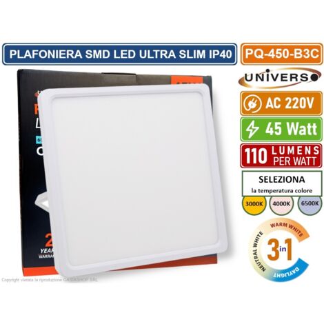 UNIVERSO PQ-450-B3C PLAFONIERA ULTRA SLIM QUADRATA BIANCA SMD LED 45W IP40 CCT 3 IN 1 CAMBIA COLORE LUCE