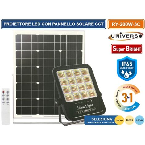 UNIVERSO RY-200W-3C FARO LED FLOODLIGHT 2200 LUMEN IP65 TEMPERATURA COLORE SELEZIONABILE CCT 3IN1 3000K 4000K 6500K CON PANNELLO SOLARE E TELECOMANDO