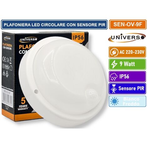 UNIVERSO SEN-OV-9F PLAFONIERA LED 9 WATT DOME LIGHT CIRCOLARE CON SENSORE DI MOVIMENTO DA ESTERNO IP56