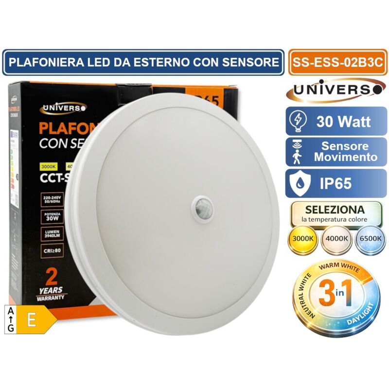 Universo Ss-Ess-02b3c Plafoniera Smd Led Circolare 30w Con Sensore Di Movimento E Switch Cct Per Selezione Luce 3000k/4000k/6500k Ip65 Da Esterno