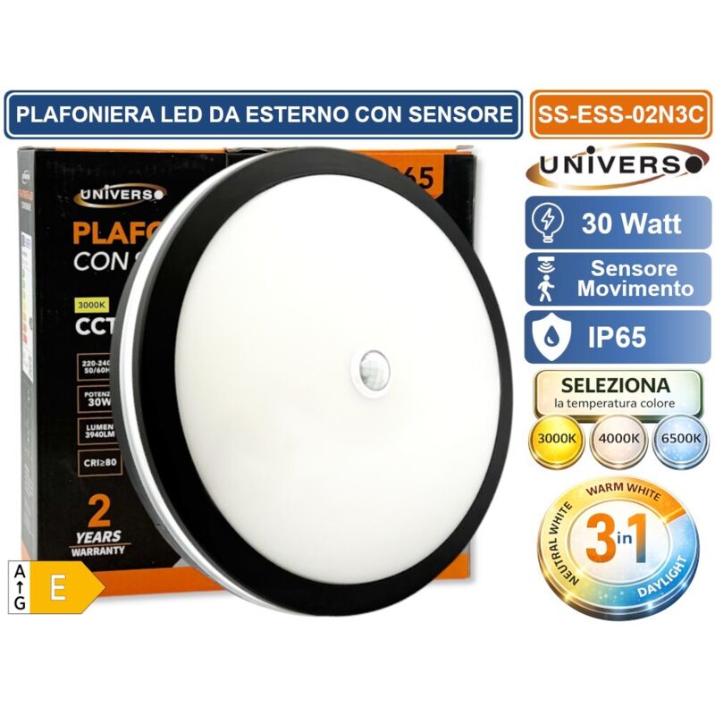 Universo Ss-Ess-02n3c Plafoniera Smd Led Circolare 30w Con Sensore Di Movimento E Switch Cct Per Selezione Luce 3000k/4000k/6500k Ip65 Da Esterno