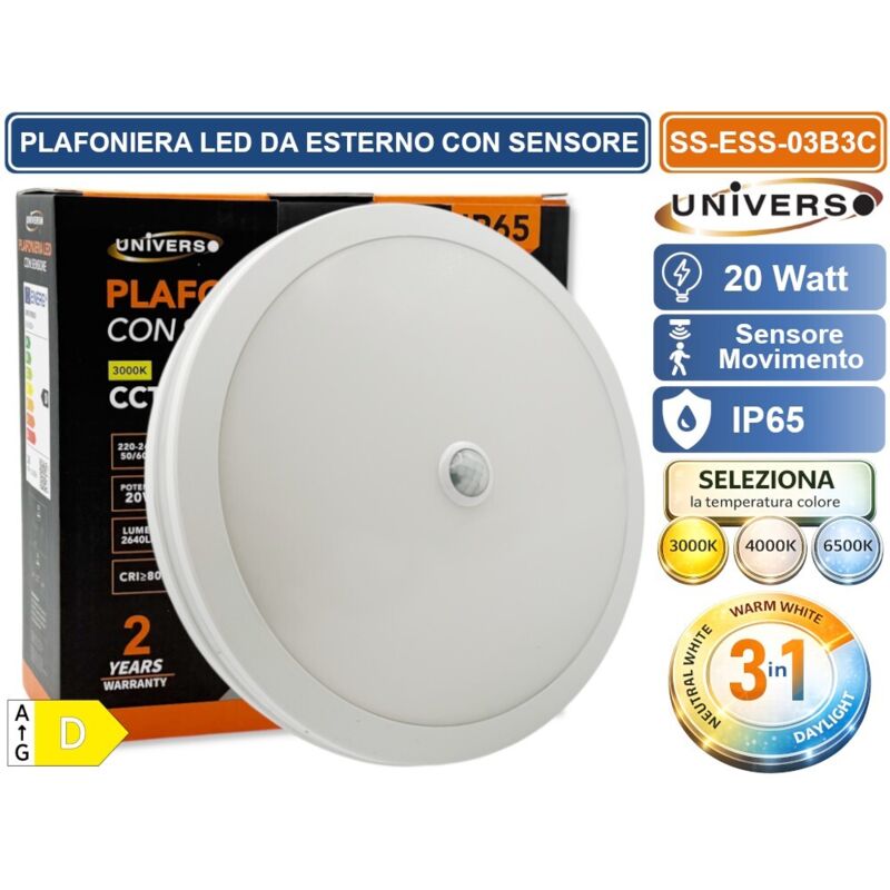 Universo Ss-Ess-03b3c Plafoniera Smd Led Circolare 20w Con Sensore Di Movimento E Switch Cct Per Selezione Luce 3000k/4000k/6500k Ip65 Da Esterno