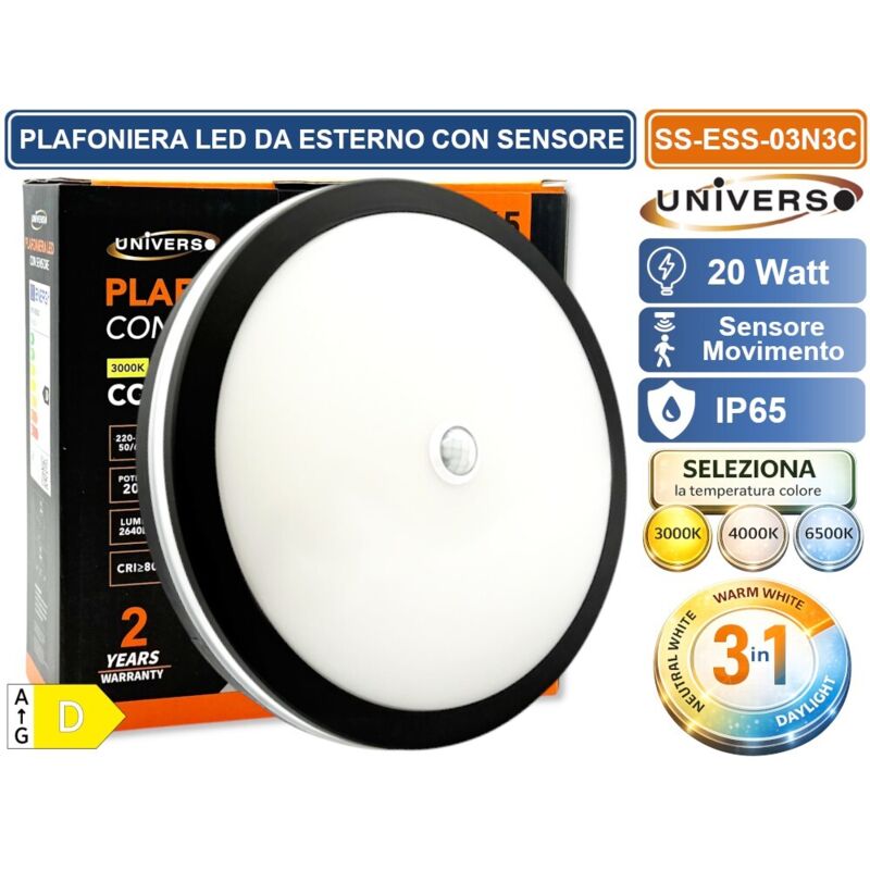 Universo Ss-Ess-03n3c Plafoniera Smd Led Circolare 20w Con Sensore Di Movimento E Switch Cct Per Selezione Luce 3000k/4000k/6500k Ip65 Da Esterno