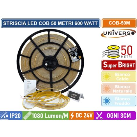 UNIVERSO STRISCIA LED SMD COB BOBINA DA 50 METRI 12W/M 24V MONOCOLORE 600WATT 54000 LUMEN IP20 - COLORE LUCE : BIANCO FREDDO