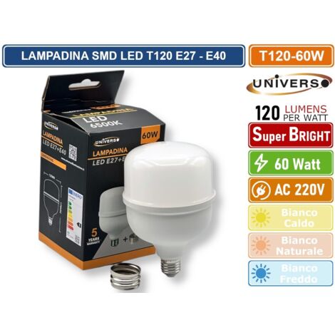 UNIVERSO T120-60W LAMPADINA SMD LED E27 + ADATTATORE E40 60W TUBOLARE T120 7300 LUMEN - 3000K - 4000K - 6500K - Colore Luce:Bianco Freddo